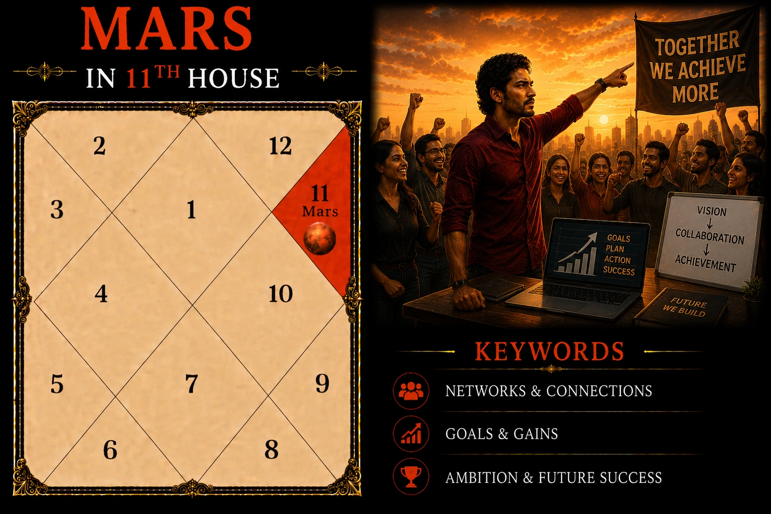 Illustration of Mars in the 11th House