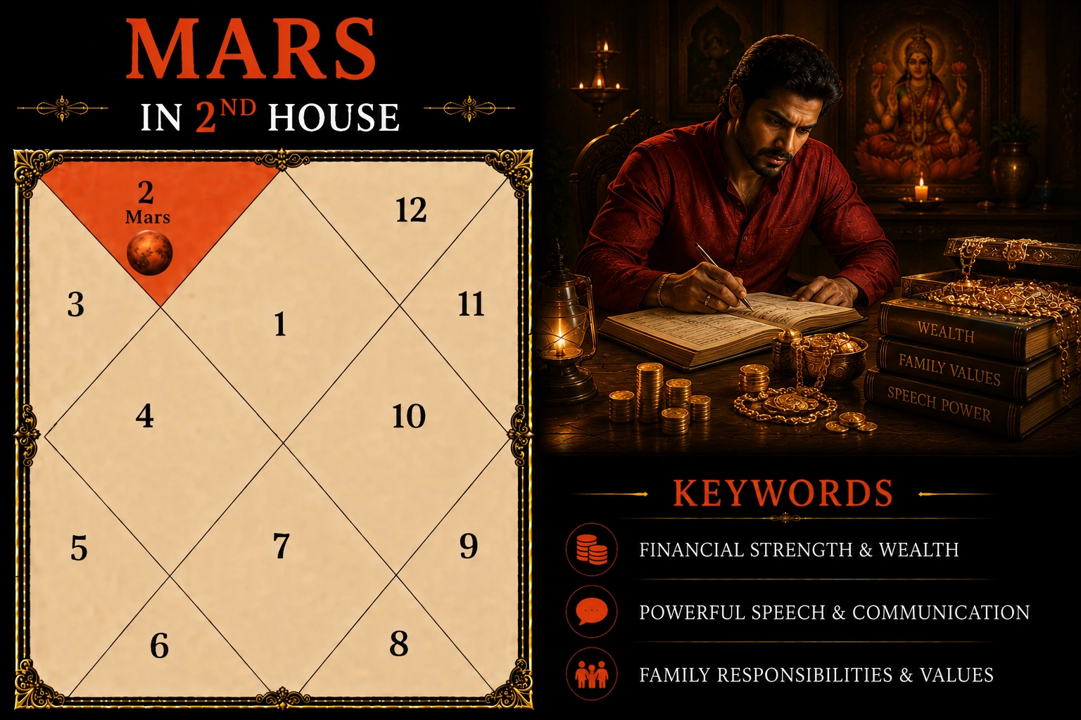 Illustration of Mars in the 2nd House