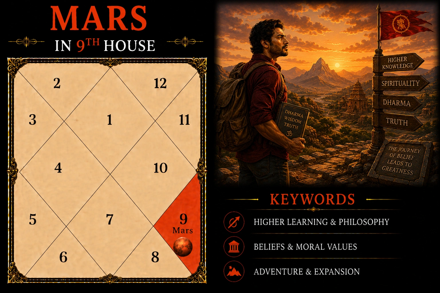 Illustration of Mars in the 9th House