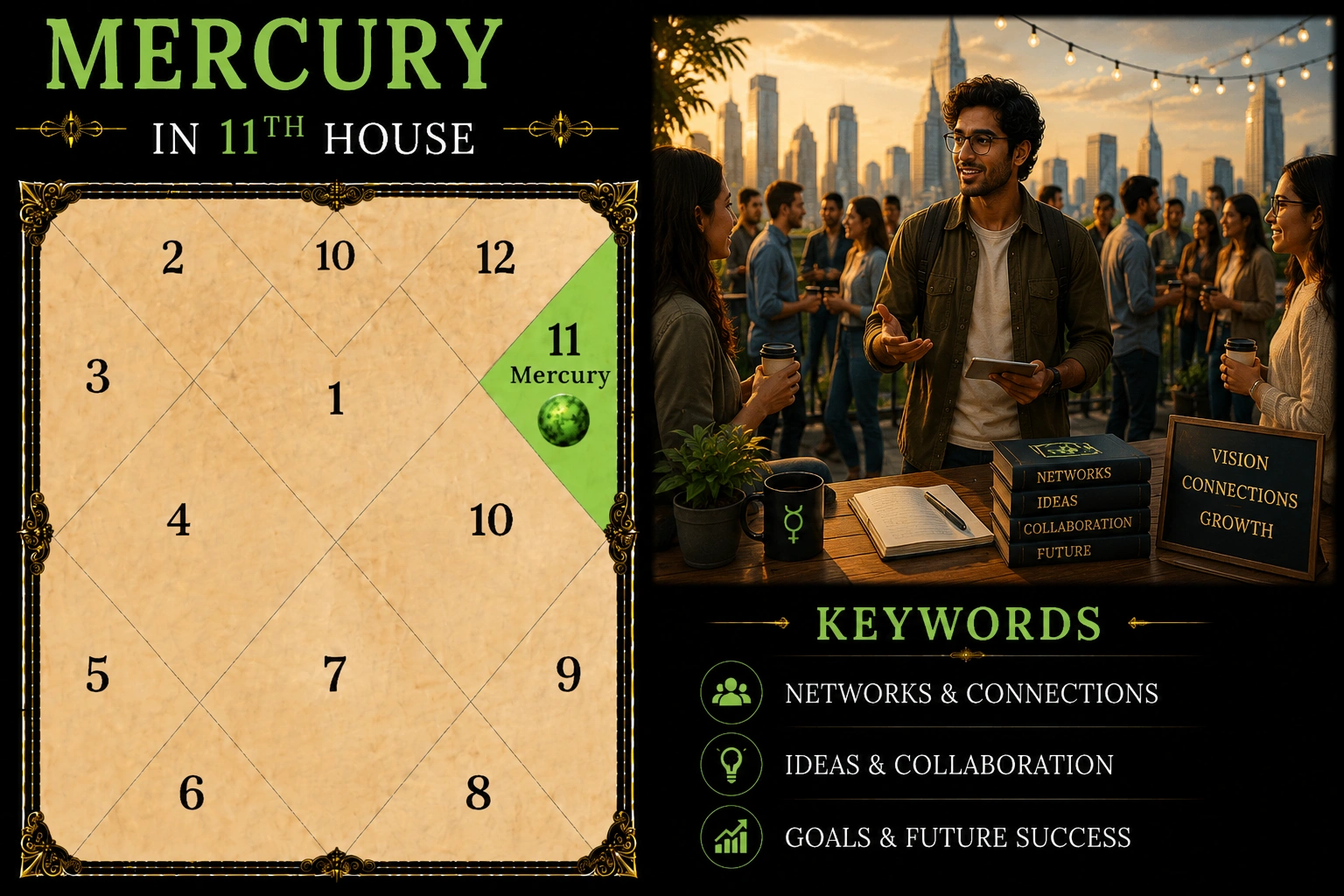 Illustration of Mercury in the 11th House