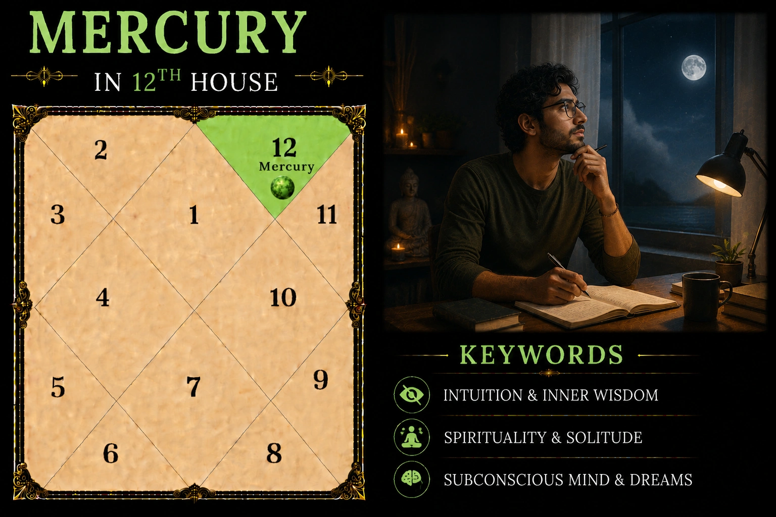 Illustration of Mercury in the 12th House