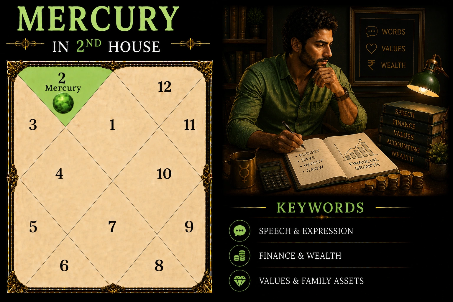 Illustration of Mercury in the 2nd House