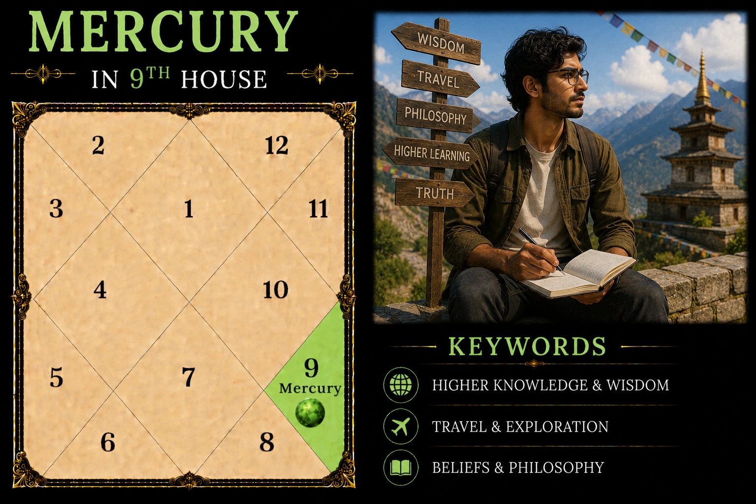Illustration of Mercury in the 9th House