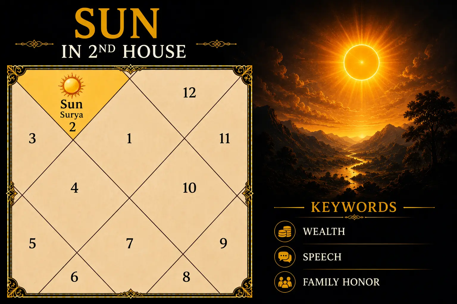 Illustration of sun in the 2nd House